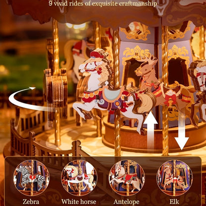 Rolife Carousel Music Box Kit, DIY 3D Wooden Puzzle Architectural Craft Model, Spinning Carousel with Music