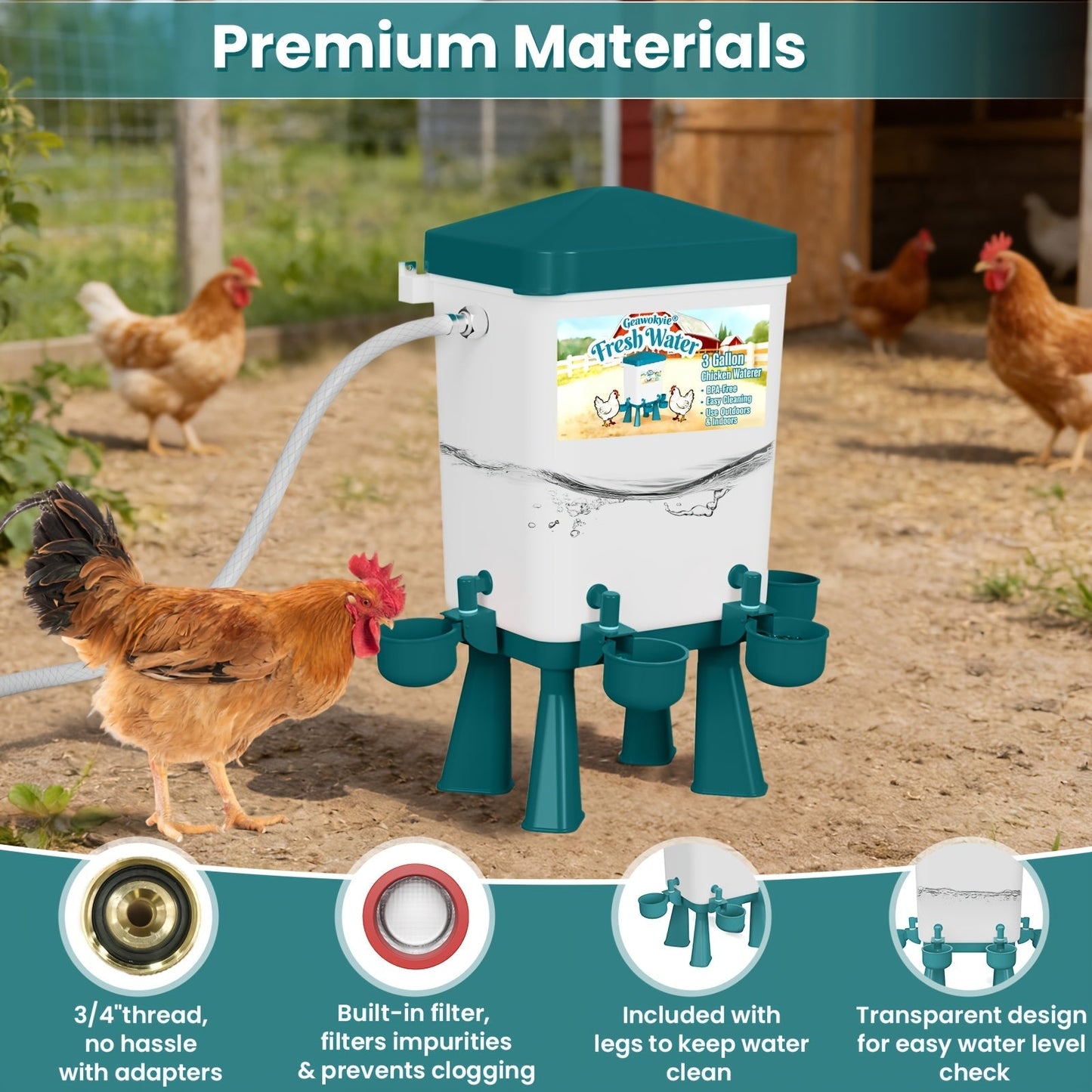 Chicken Waterer 3 Gallon Float Controlled Hose Connection Hands-Free