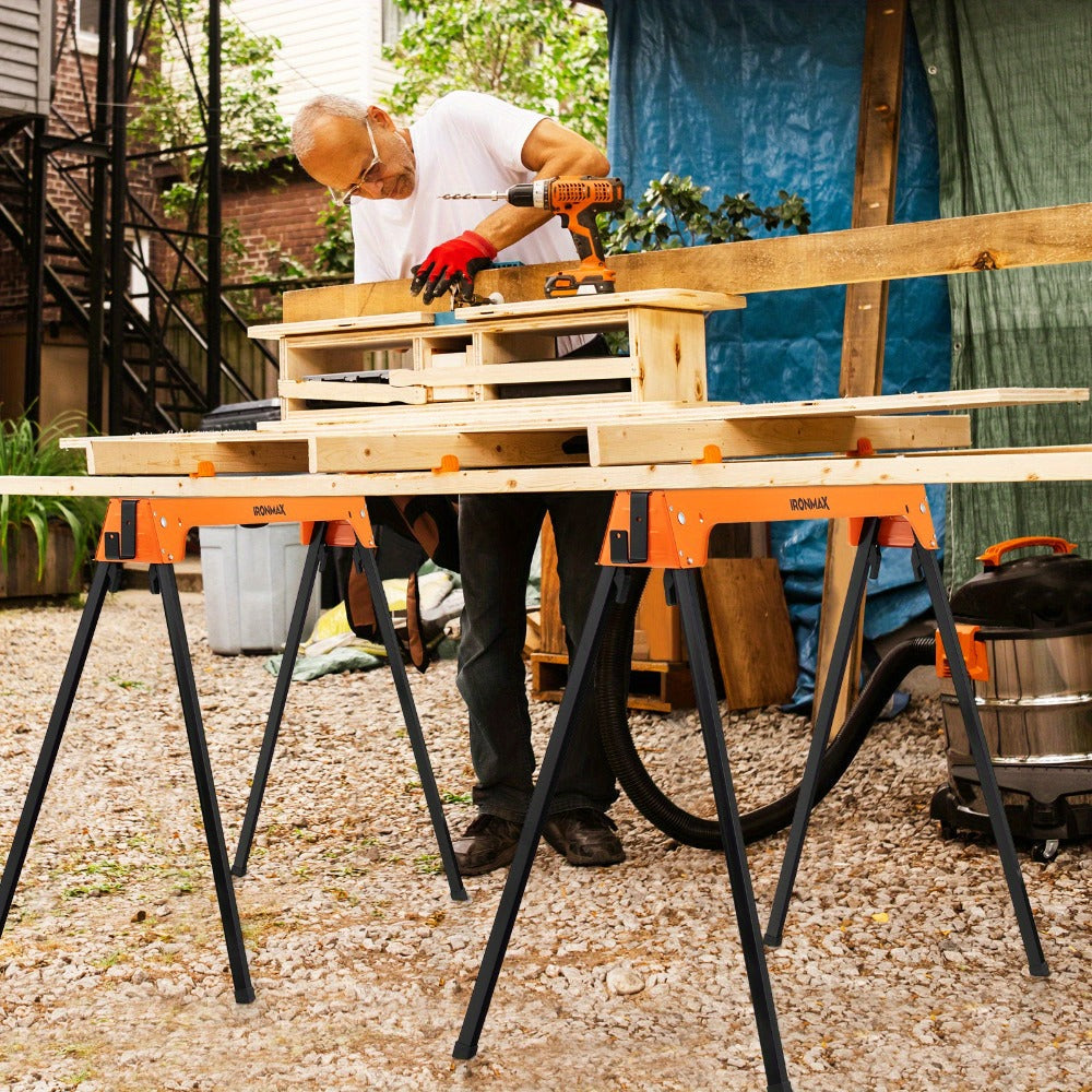 IRONMAX Folding Sawhorse 2 Pack Portable Collapsible Work Support Horses with Metal Frame Anti-Slip Pads