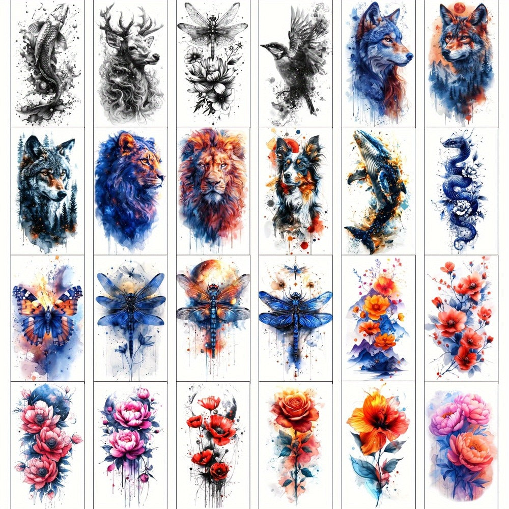 24-Sheet Watercolor Temporary Tattoo Set with Floral, Animal and Abstract Designs in 21 x 12 cm Format