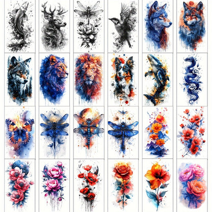 24-Sheet Watercolor Temporary Tattoo Set with Floral, Animal and Abstract Designs in 21 x 12 cm Format