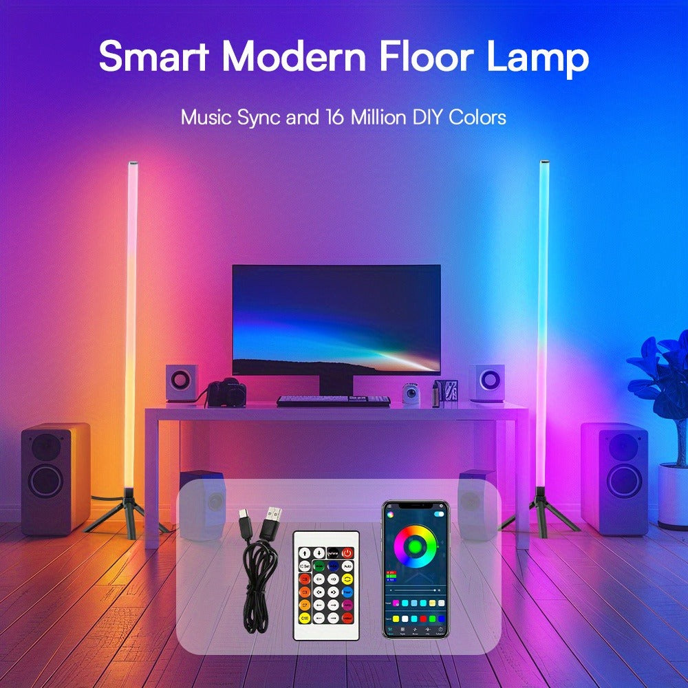 RGB Tube Floor Lamp 360° with Stand – App & 24-Key Remote Music Sync 16 Million Colors Dimmable Timer Mood Light for Bedroom Gaming Room DJ