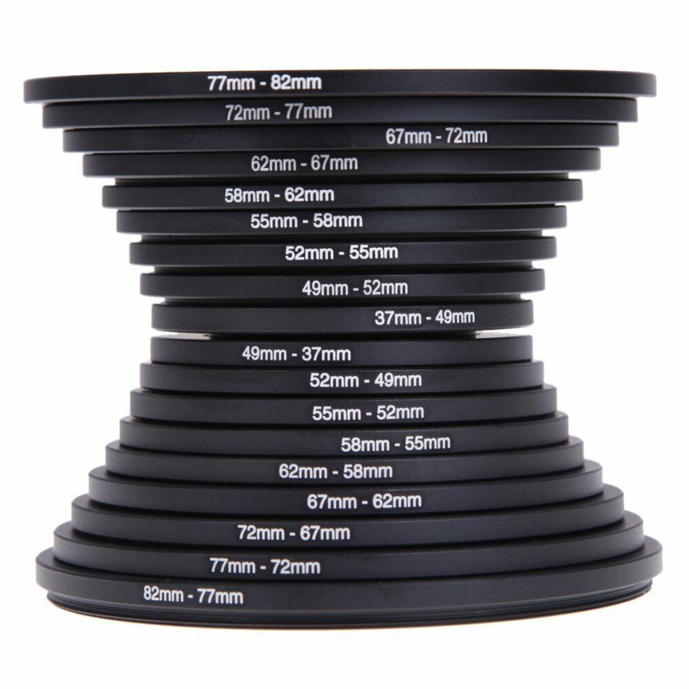 Step-Up Step-Down Lens Filter Adapter Rings 18pcs Set for DSLR Camera 37-82mm Aluminum Alloy Filter Ring Kit Compatible with Canon Nikon