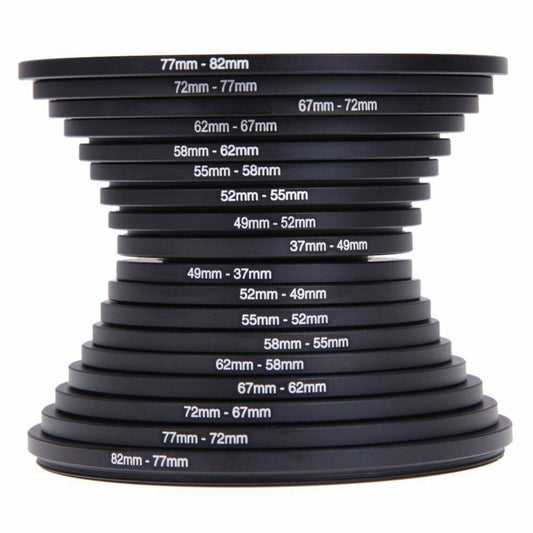 Step-Up Step-Down Lens Filter Adapter Rings 18pcs Set for DSLR Camera 37-82mm Aluminum Alloy Filter Ring Kit Compatible with Canon Nikon