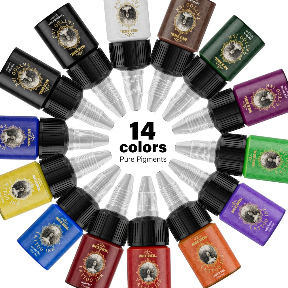 Tattoo Ink 14- or 21-Color Set with 0.5oz 15ml Bottles and Two Palette Choices for Color Selection