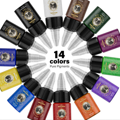 Tattoo Ink 14- or 21-Color Set with 0.5oz 15ml Bottles and Two Palette Choices for Color Selection