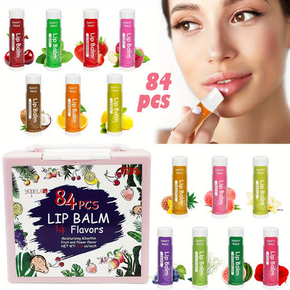 Lip Balm 84-Piece Bulk Set with 14 Flavors, 4.2g Twist-Up Tubes and Color-Coded Box Packaging