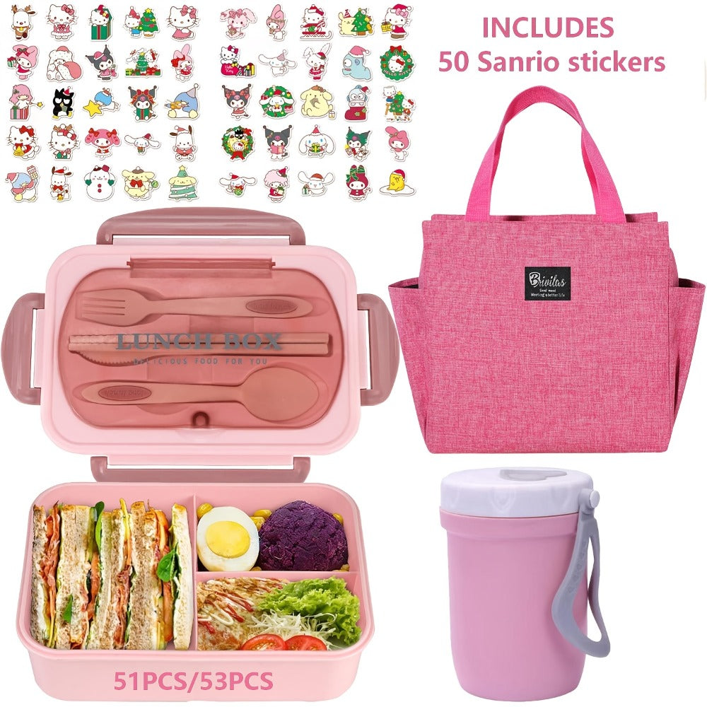 Sanrio Lunch Box Set 53pcs Bento Box with Thermal Bag Breakfast Cup Portable Sealed Compartment Microwave for Work Picnic School