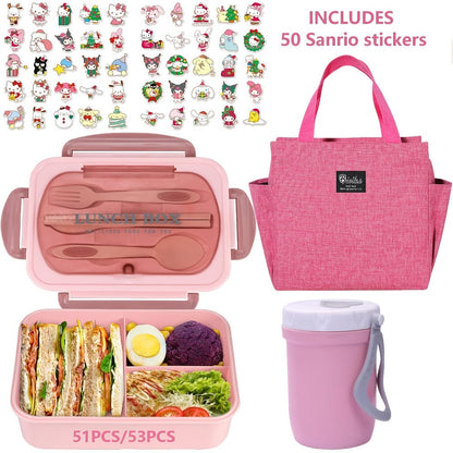Sanrio Lunch Box Set 53pcs Bento Box with Thermal Bag Breakfast Cup Portable Sealed Compartment Microwave for Work Picnic School
