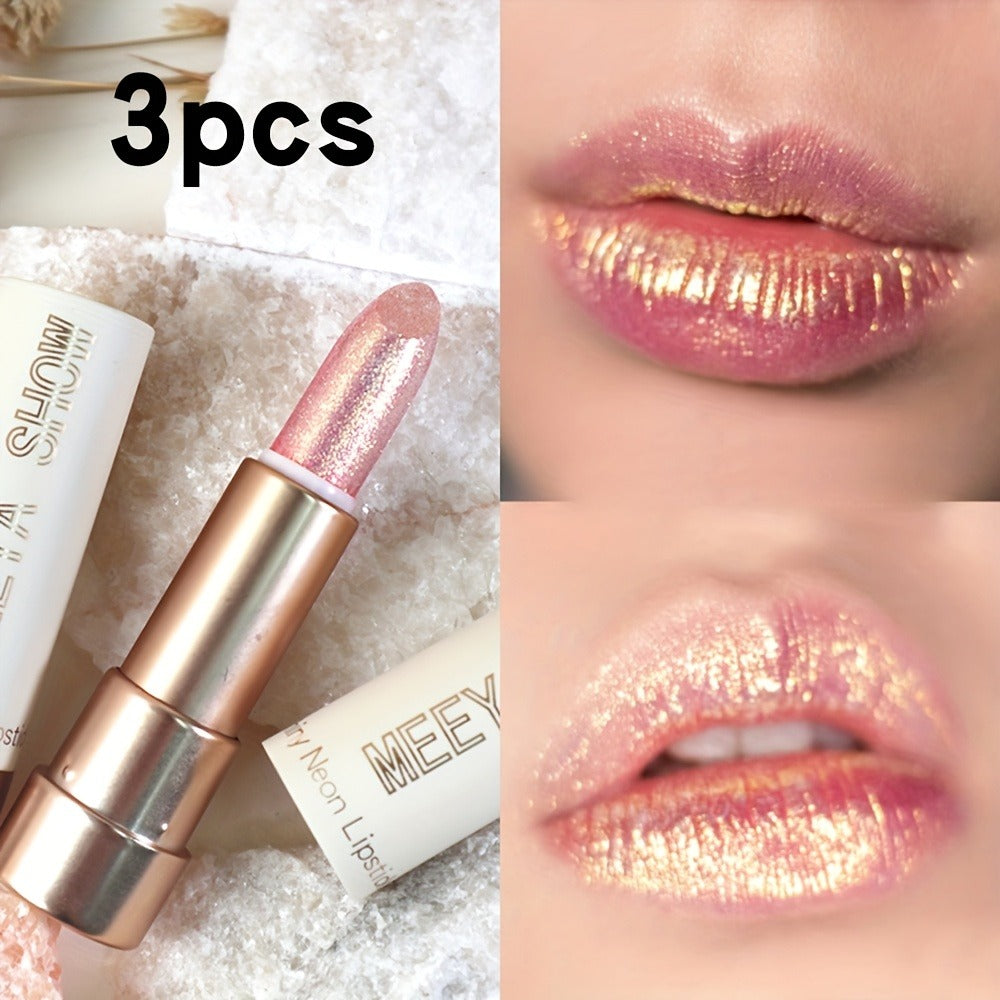 Glitter Shimmer Lipstick Set 3Pcs Pearlescent Pinkish Golden Creamy Glossy Sparkle Lip Gloss Lip Makeup for Party Stage Cosplay Festival