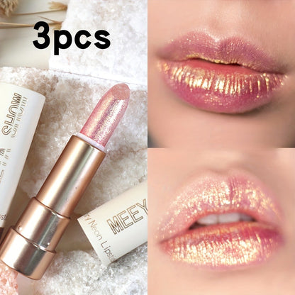 Glitter Shimmer Lipstick Set 3Pcs Pearlescent Pinkish Golden Creamy Glossy Sparkle Lip Gloss Lip Makeup for Party Stage Cosplay Festival