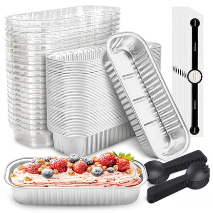 Mini Cake Pans 100 Pack with Lids and Spoons Aluminum Foil Rectangular Disposable Baking Pans for Entryways, Bedrooms and Living Spaces