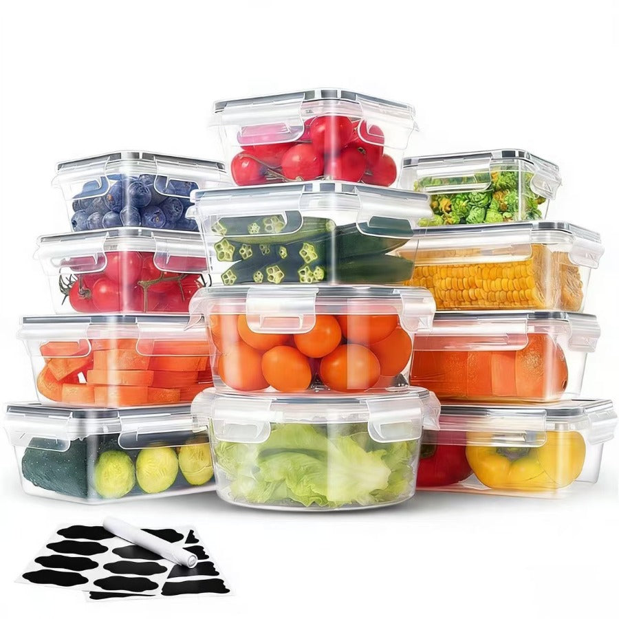 Food Storage Containers with Lids, Set with 12, 20 or 24 Clear Boxes, Locking Lids and Microwave, Dishwasher and Freezer Use