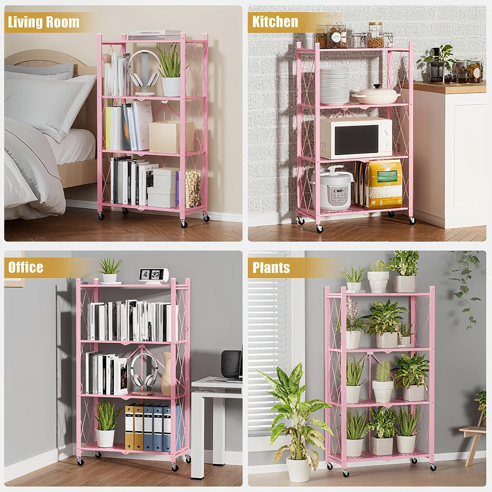 Three-to-Five-Tier Foldable Storage Rack with Carbon Steel Frame, Lockable Wheels and Three Colors