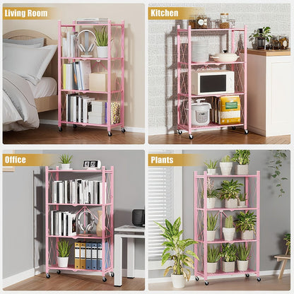 Three-to-Five-Tier Foldable Storage Rack with Carbon Steel Frame, Lockable Wheels and Three Colors