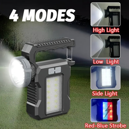 LED Searchlight Spotlight Solar & USB Rechargeable, High-Power Handheld Flashlight with Side Light Locking Clip 4 Modes