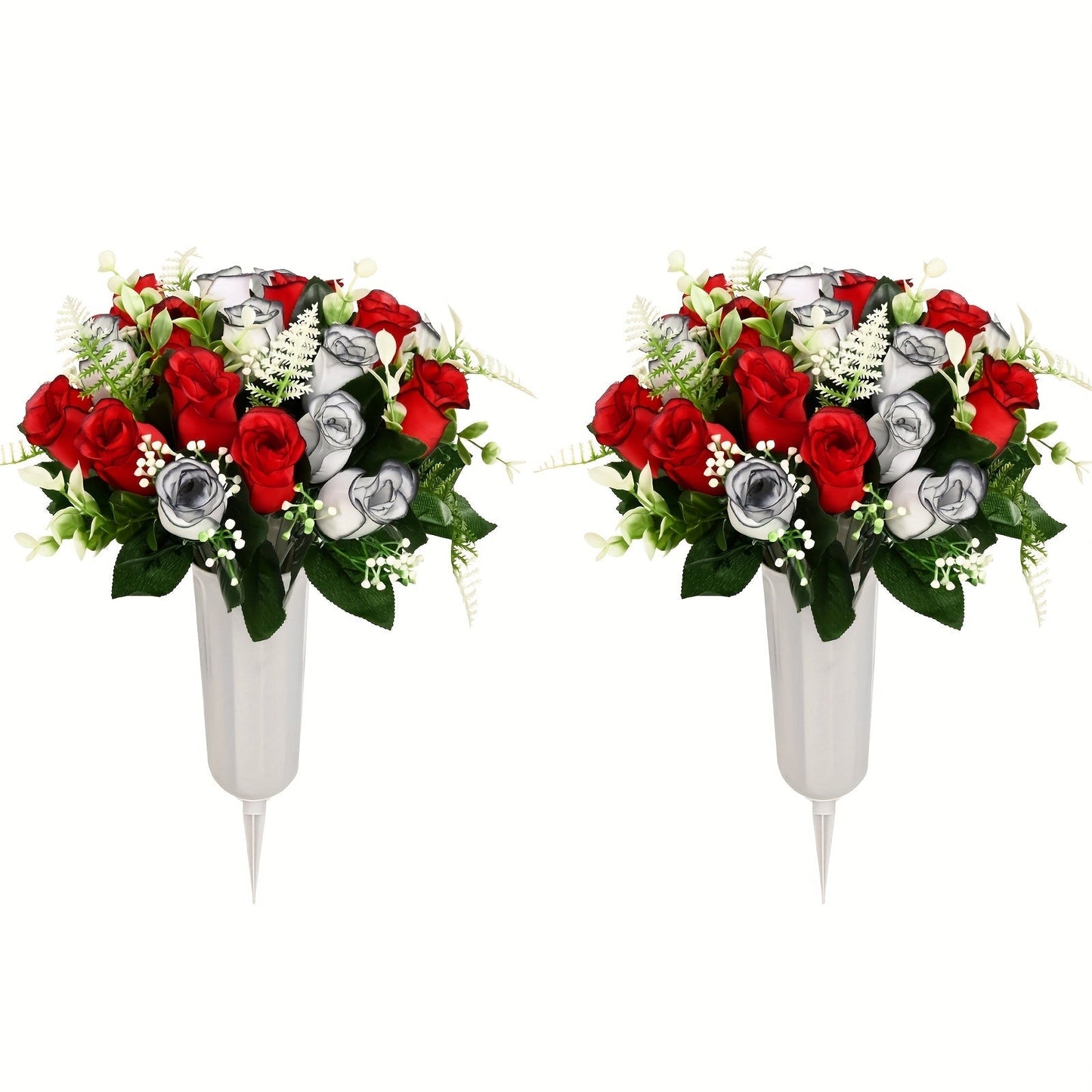 Artificial Cemetery Flowers for Grave with Saddle, Silk Rose Bouquet Headstone Decoration, Memorial Day Grave Flowers