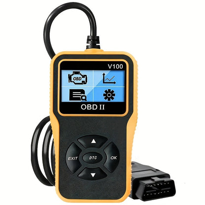 V100 OBD2 Scanner with Four-Line Menu, 12.4 x 7cm Body, Tethered 16-Pin Plug and Four Color Options