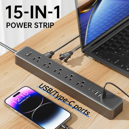 Wall Mount Power Strip 15-in-1 Slim Long Strip, 10 AC Outlets & 5 USB Ports (3 USB-A + 2 USB-C), Surge Protection Overload Protection