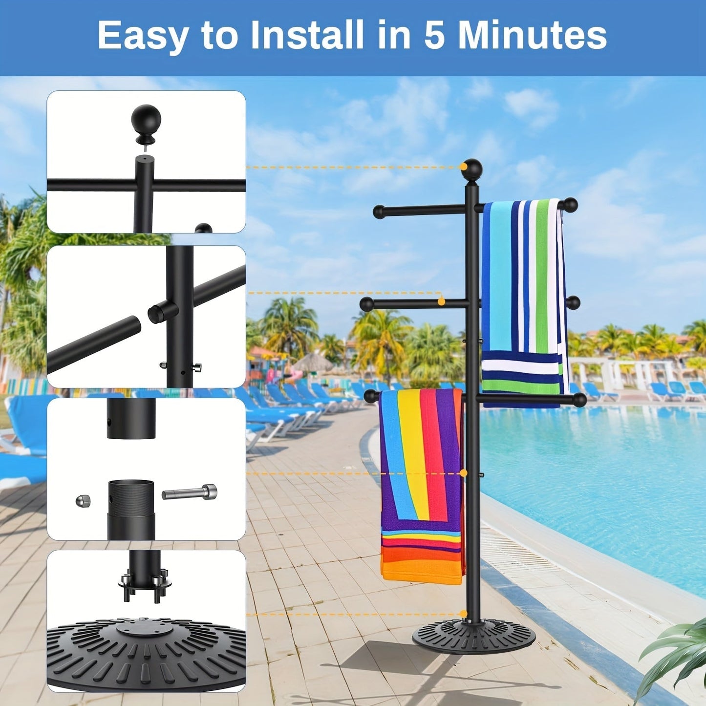 Pool Towel Rack Freestanding Outdoor – 3-Bar Iron Towel Stand with Hooks, Windproof Wide Base, No Sand Needed