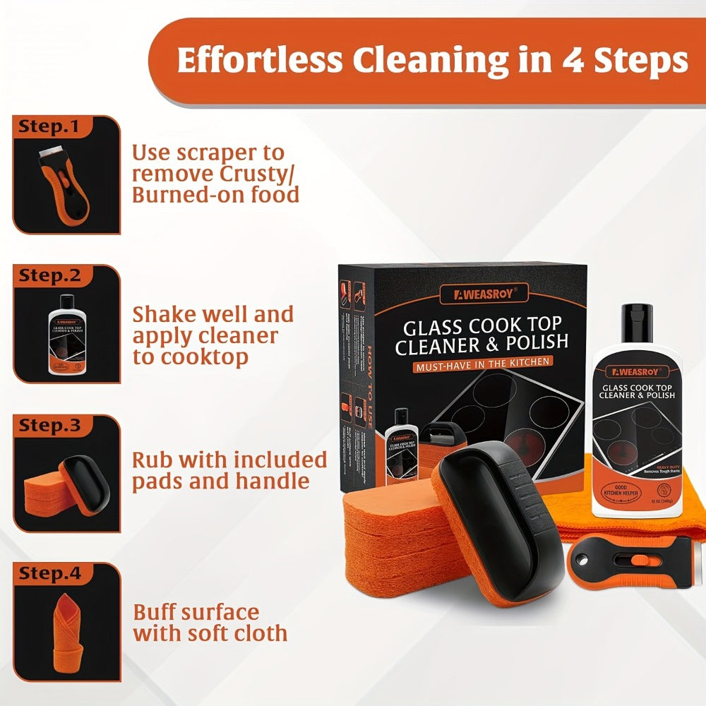 Glass Stove Top Cleaner Kit 12oz Non-Abrasive No Scratch Cooktop Cleaner and Polish Removes Tough Grease Stains 9-Piece Set with Scrubbing