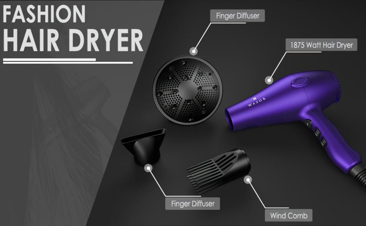 1875W Ionic Hair Dryer with Diffuser Concentrator Comb Nozzle – Professional Blow Dryer DC Motor 3 Heat 2 Speed Cool Shot Anti-Frizz Salon