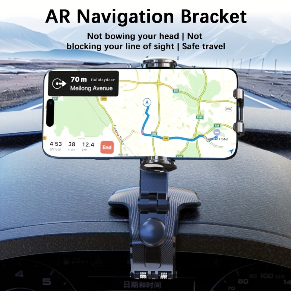 Deep Gray Dashboard-Edge Car Phone Holder with 360-Degree Joint and Triangular Support Clip