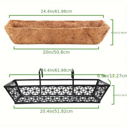 Window Box Planter 24 Inch with Coco Liner Adjustable Railing Brackets Cast Iron Flower Box for Porch Fence Balcony Patio Outdoor Garden