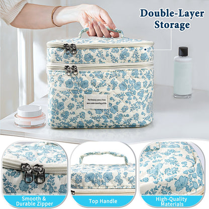 Quilted Floral Makeup Bag Set 3PCS Large Capacity Dual Layer Cotton Cosmetic Bags Coquette Aesthetic Travel Toiletry Organizer Gift