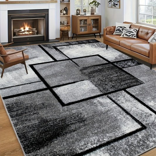 Area Rug Black White Geometric Low-Pile Design with Rubber Backing and Five Washable Sizes