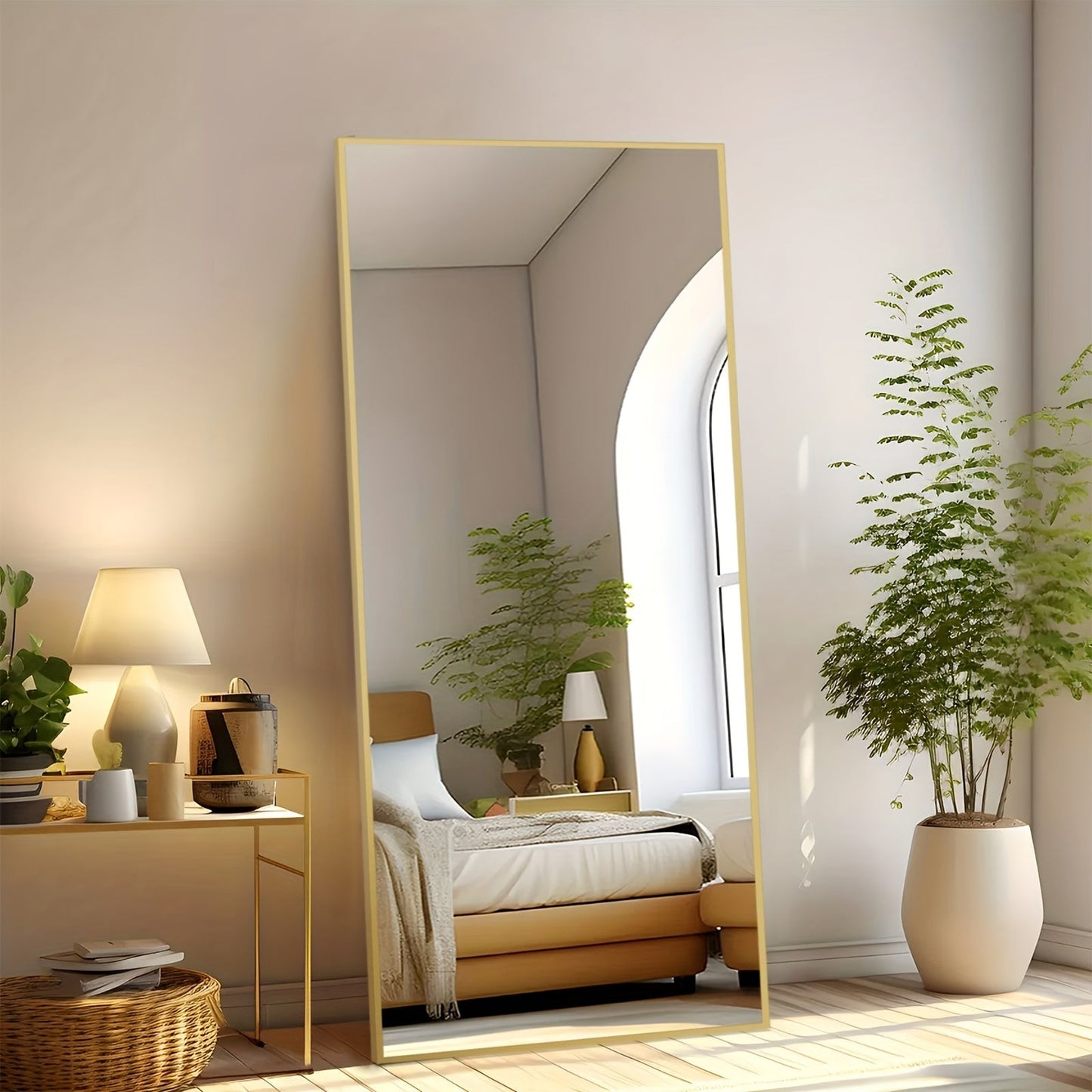 Full Length Mirror Floor Standing, Arched & Rect Body Mirror with Stand, Hanging or Leaning Wall Mirror, Aluminum Alloy Thin Frame