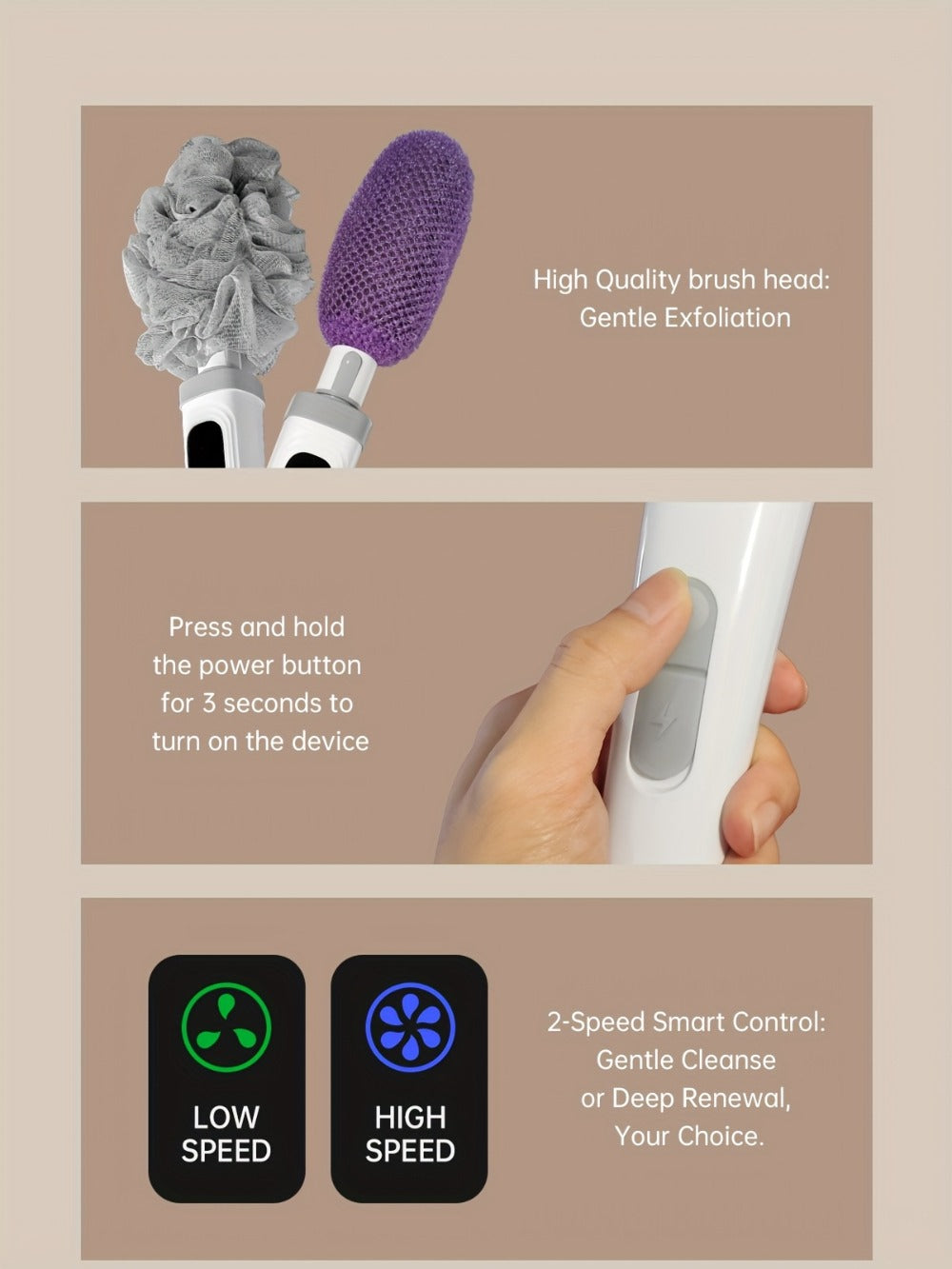 Electric Body Scrubber Brush 3 Replaceable Heads Dual Speed Shower Back Cleaner Exfoliating Skin Cleansing for Home or Salon Spa Use