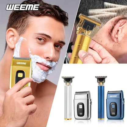 Hair Clipper WEEME Gold or Blue Three-Tool Grooming Set with LCD Display, USB Charging and Guide Combs