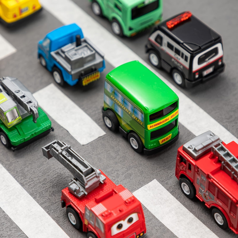 18-Piece Pull Back Mini Cars Set for Kids, City Vehicles Fire Truck Police Car School Bus Freight Train