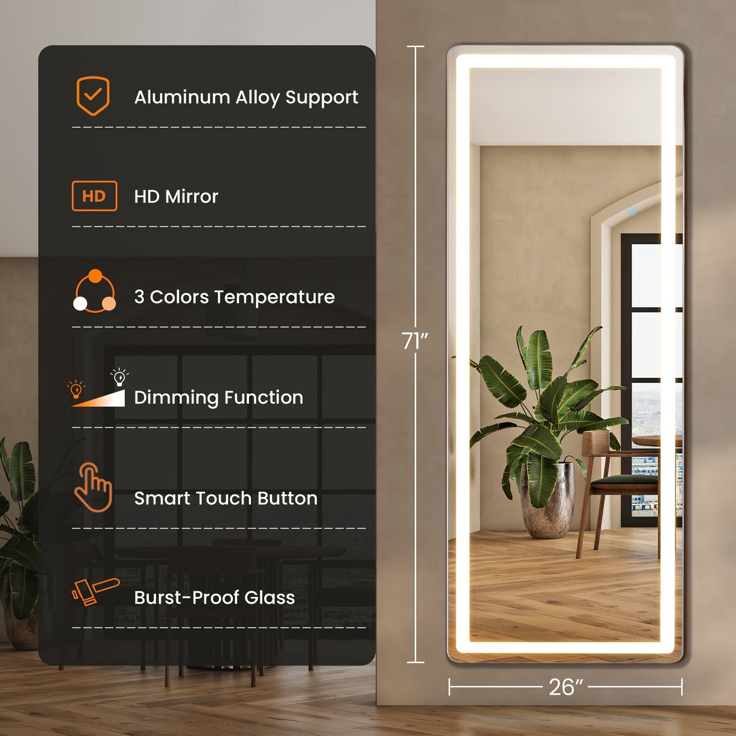 Full Length Mirror Floor Standing with LED Light – Arched & Rect Aluminum Frame Dressing Mirror for Bedroom Living Room, Black/Golden/White