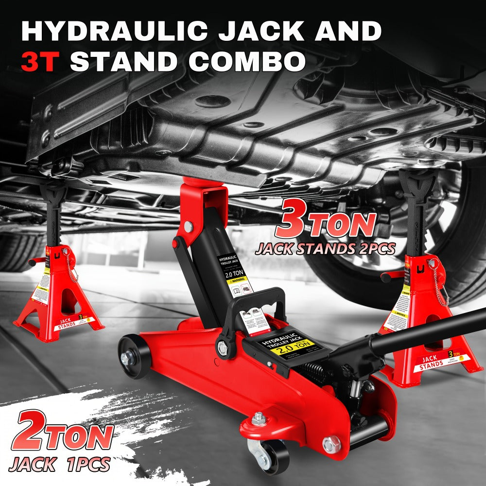 Hydraulic Floor Jack Kit 2/2.5/3 Ton Low Profile Trolley Jack with Jack Stands, Tire Repair Kit, Wheel Wrench & Wheel Chock Combo – Red/Blue