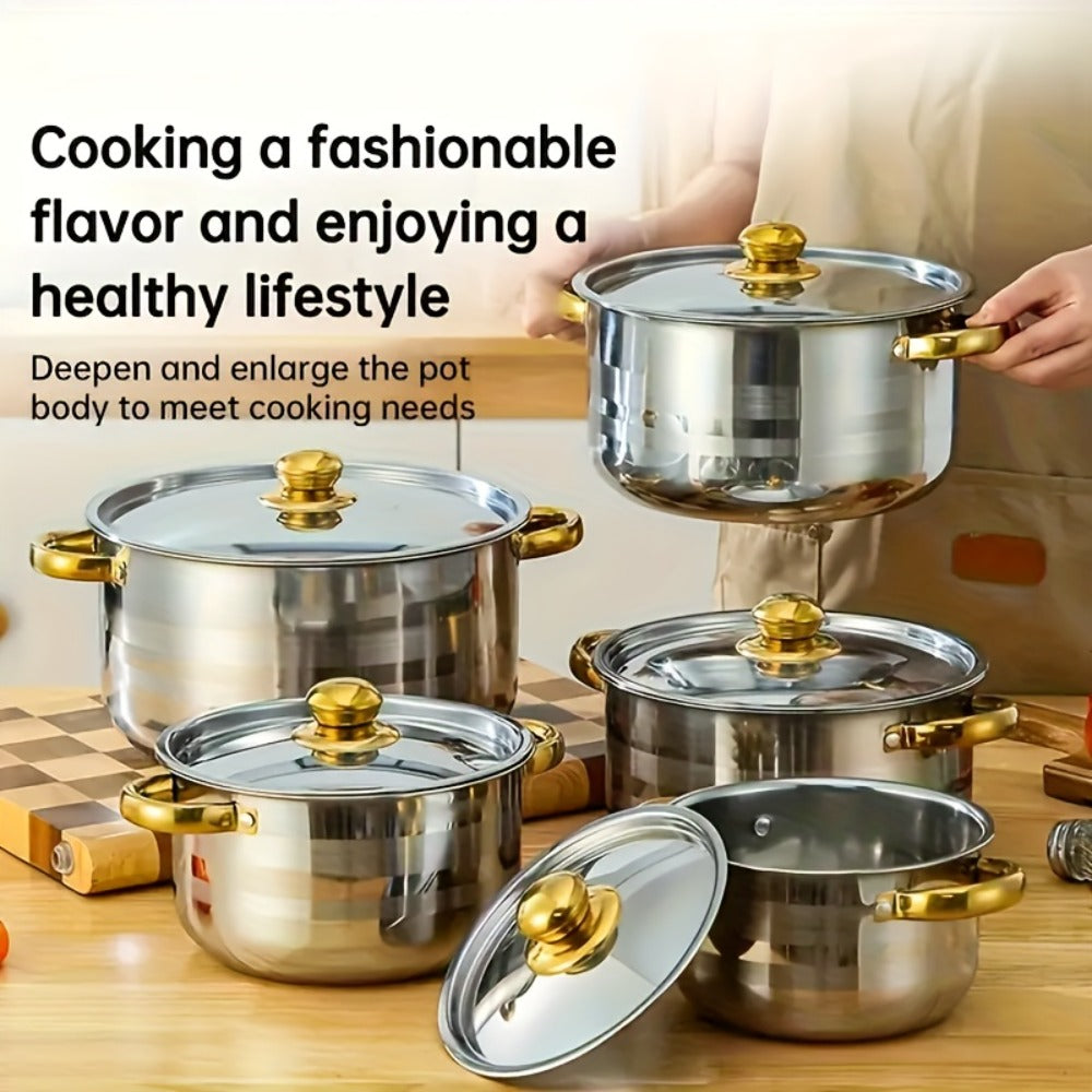 Cookware Set, 10-, 12- or 15-Piece Stainless Steel Deep Pots with Glass Lids, Double Handles and Three Finishes