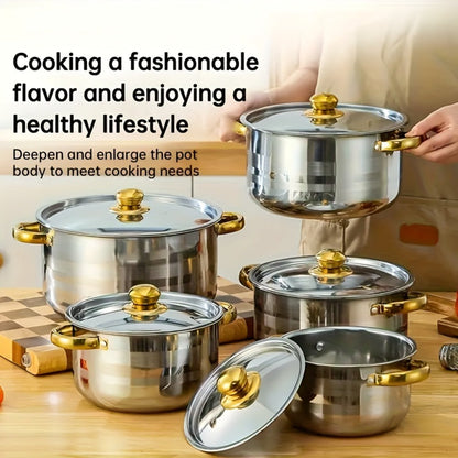 Cookware Set, 10-, 12- or 15-Piece Stainless Steel Deep Pots with Glass Lids, Double Handles and Three Finishes