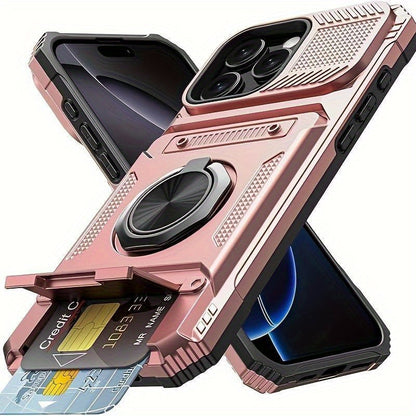 iPhone Card Slot Shockproof Case with Ring Holder & Kickstand – Wallet Phone Cover for iPhone 17 17 Air 17 Pro Max 16 15 14 13 12 11 Pro Max