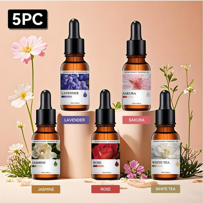 Five-Bottle Essential Oil Gift Set with Three Floral, Botanical or Citrus Scent Assortments