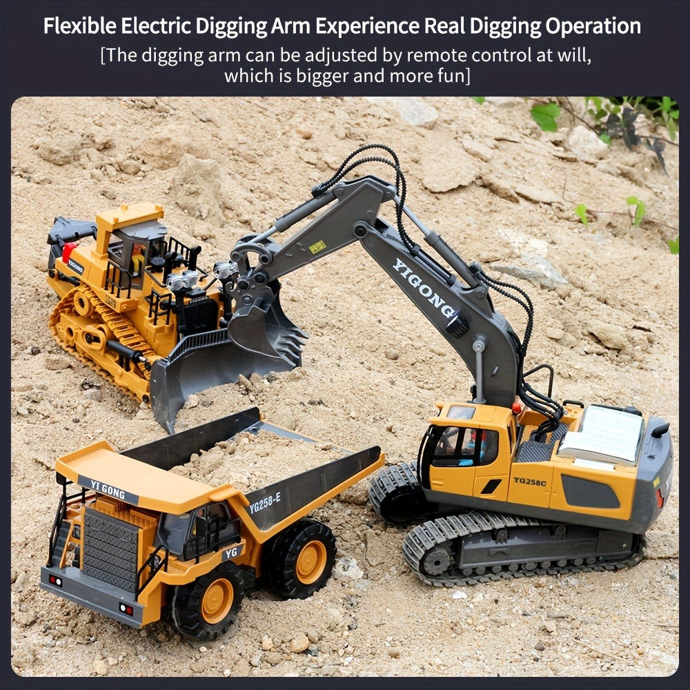 RC Excavator Toy 1:24 Scale 2.4GHz 9-Channel Remote Control with Alloy Metal Cap Lights & Sound Rechargeable Battery