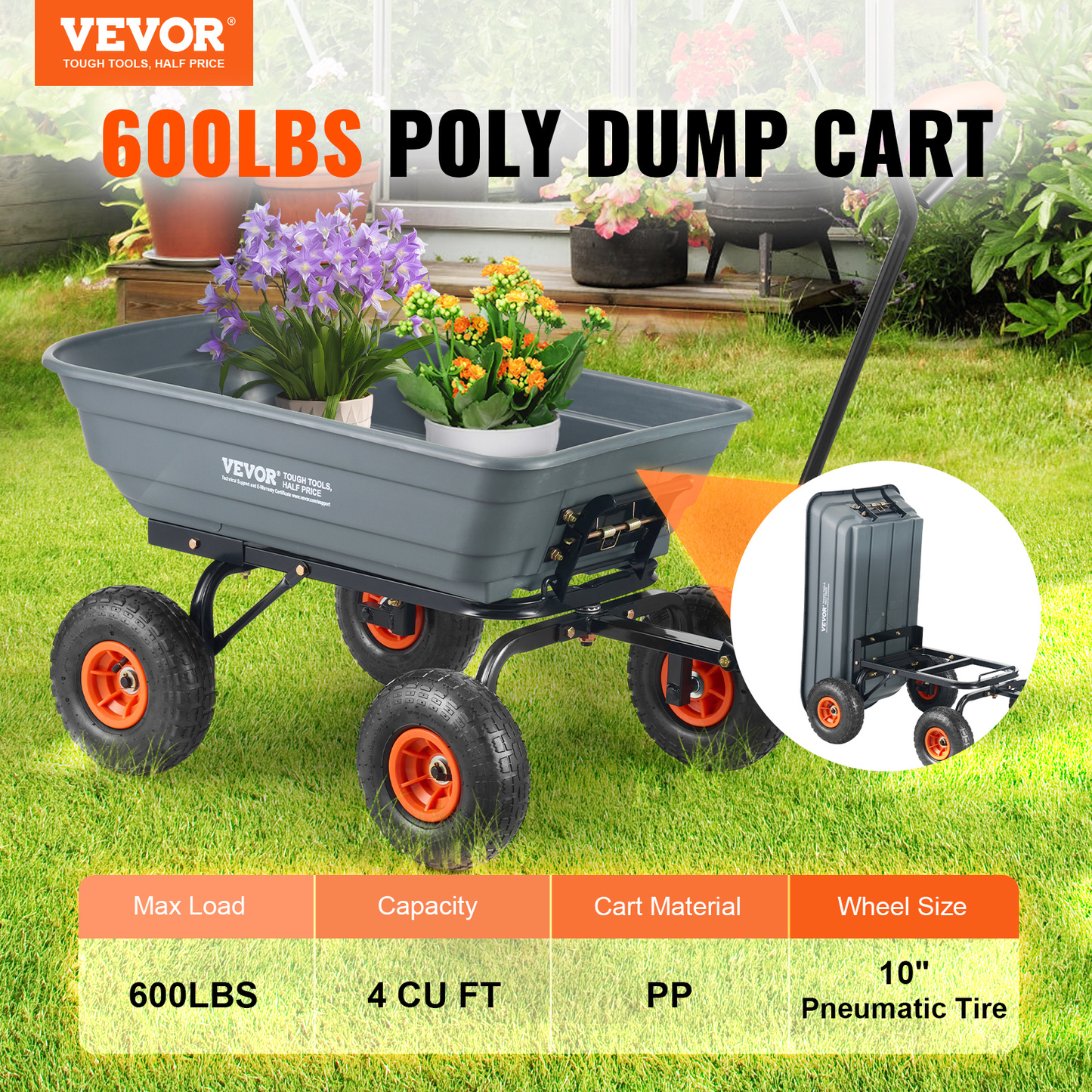 Garden Dump Cart Convertible Flatbed Utility Wheelbarrow with 2-in-1 Handle, Removable Side Panels