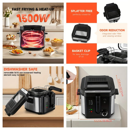 1500W Black Deep Fryer with 1.5L or 2.5L Capacity, Windowed Removable Lid and Temperature Dial