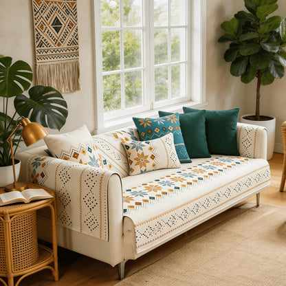 Sofa Cover, One-Piece Chenille Bohemian Pattern Couch Pad in White or Green for Two to Four Seats