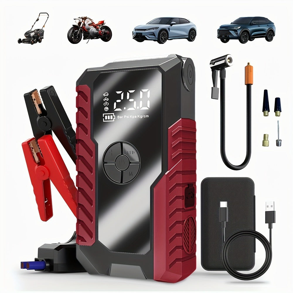 Portable Car Jump Starter with Tire Inflator – 3000A Peak 12V Battery Booster, USB Power Bank, LED Emergency Light