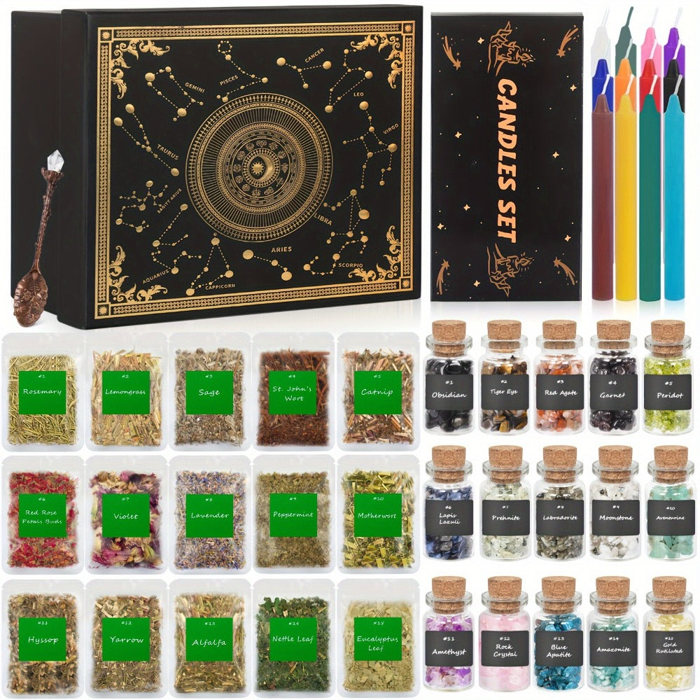 60pcs Witchcraft Supplies Kit for Beginners, Wiccan Supplies & Tools with Crystals, Candles