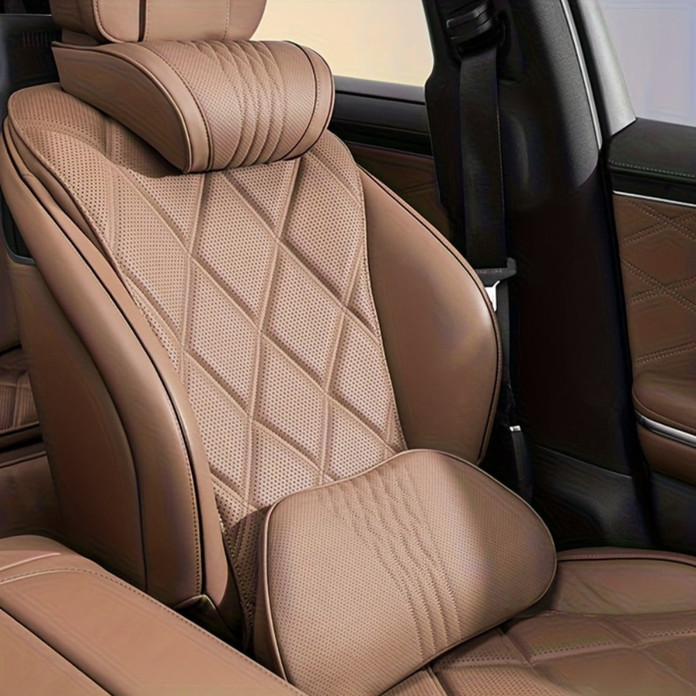 Car Neck Pillow Nappa Leather Headrest – Memory Foam Lumbar Support with Embroidery, All-Season Universal Car Interior Accessory