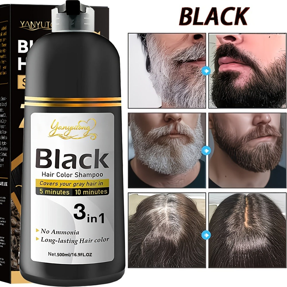 Hair Dye Shampoo, YANYUTONG 500ml Black 3-in-1 Pump Bottle for Hair and Beard Color Application