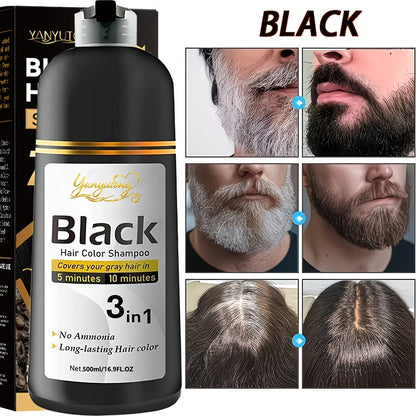 Hair Dye Shampoo, YANYUTONG 500ml Black 3-in-1 Pump Bottle for Hair and Beard Color Application
