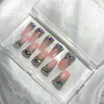 Press On Nails 10-Piece Long Duckbill Set with Nude French Tips, AB Diamond Finish and Nail Tools